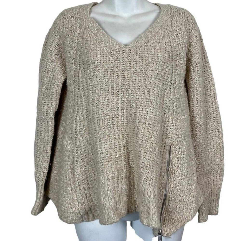 Moth Anthropologie Womens Chunky Knit Ivory V-Neck Pullover Oversized Sweater M